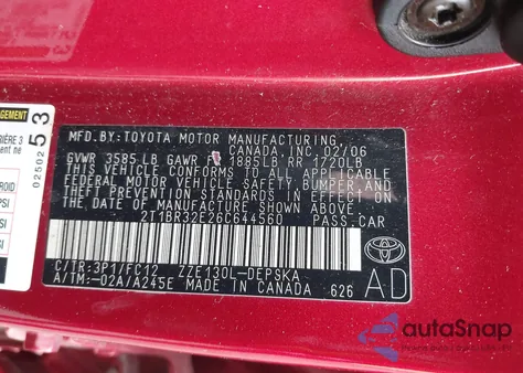 2006 Toyota Corolla S из США, поврежденный, VIN 2T1BR32E26C644560